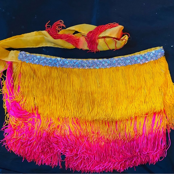 Latin Ombré Yellow & Hot Pink Sequin Tassel Skirt Hip Belt Mini Skirt Tie Up - Picture 3 of 6